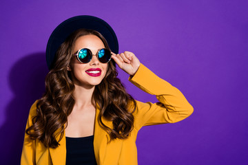 Canvas Print - Closeup photo of amazing lady looking far away wear stylish hat yellow costume isolated purple background