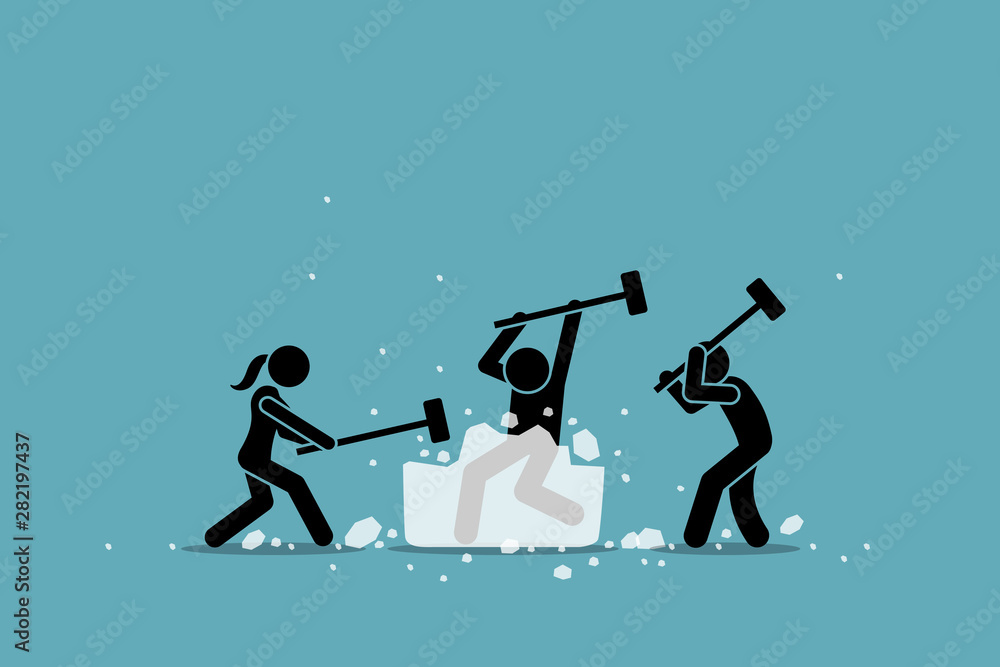 Ice breaking or icebreaker activity, game and event. Vector artwork of a group of people using sledgehammer to break a large ice. Concept of knowing each member and warm up for participants meeting. - obrazy, fototapety, plakaty 