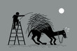 The last straw that breaks the camel back. Vector artwork depicts a man putting one a straw to an already overburdened camel back. Concept depicts overworked, pressure, and final tolerable event.