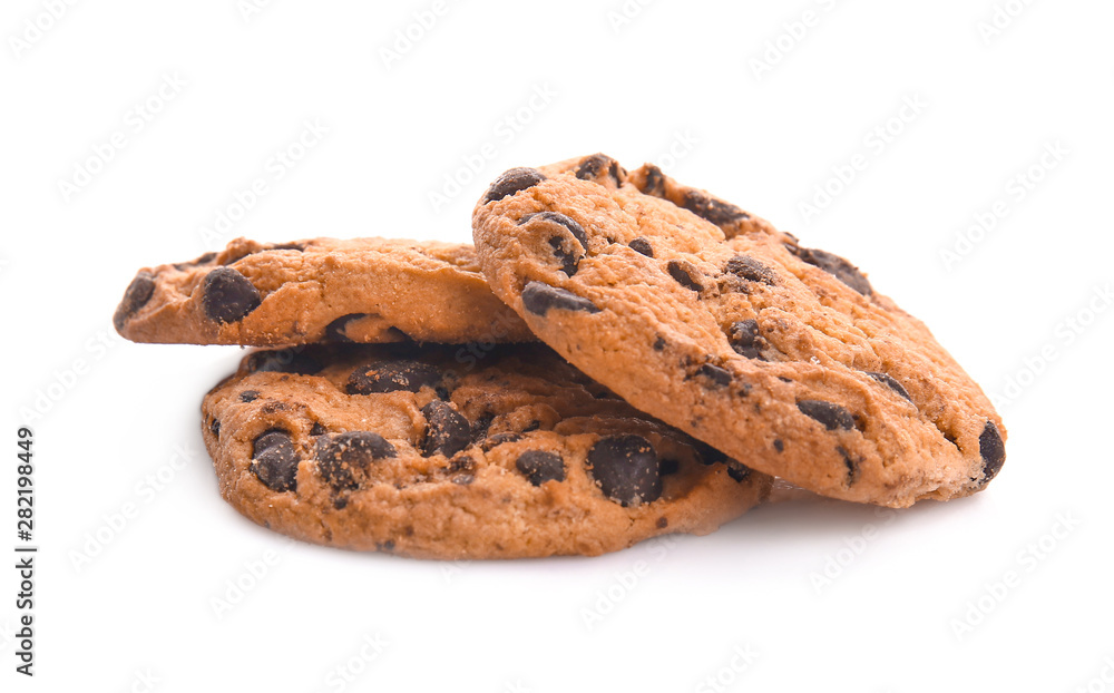 Tasty cookies with chocolate chips on white background