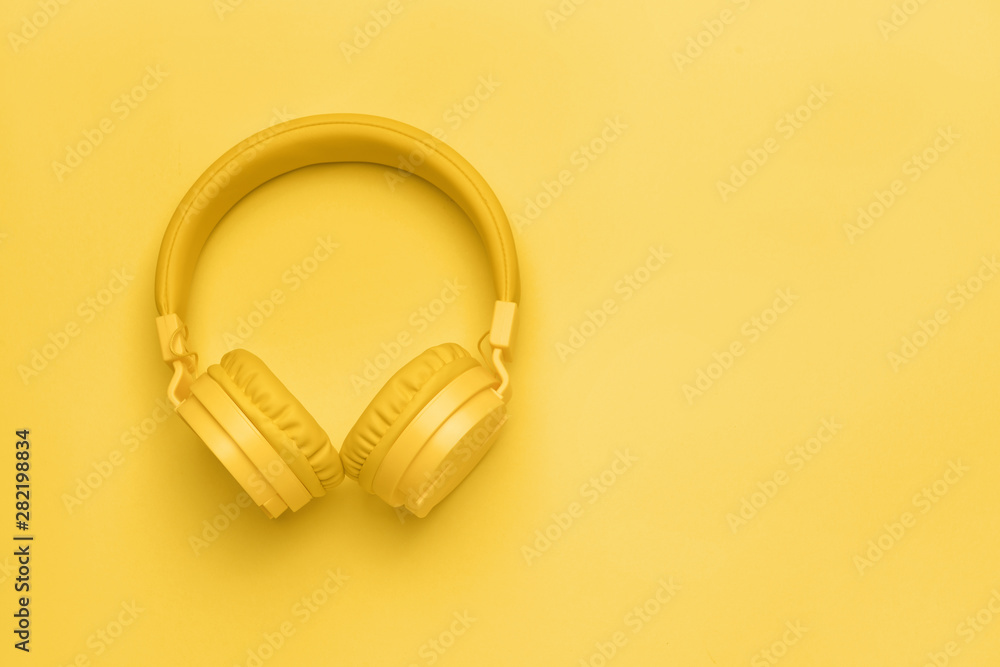 Modern headphones on color background