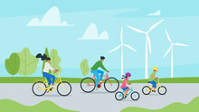 Family Cycling Together Vector Illustration