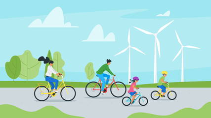 Family cycling together vector illustration