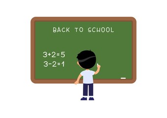 Schoolboy standing at blackboard flat vector illustration