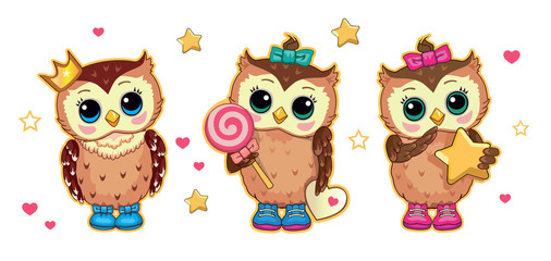 Set cartoon cute funny owls with star, candy, crown. Isolated children's cartoon fabulous illustration, suitable for print, sticker. Fairytale story. Card for family, friends. White background. Vector