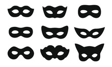 Black Mask Vector Icon Collection. Different Masks Silhouette Isolated On White Background