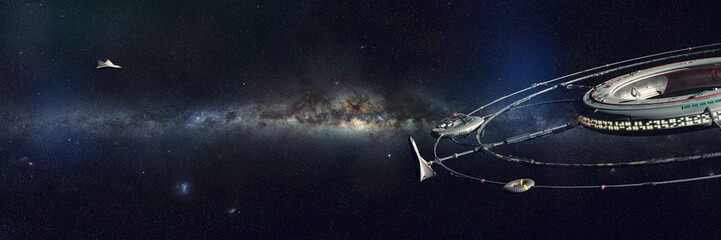 Wall Mural - huge space station, futuristic habitat in outer space approached by a spaceship