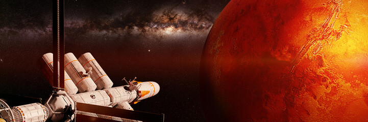Wall Mural - spaceship in mars orbit, journey to the red planet