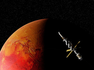 Canvas Print - spaceship in mars orbit, journey to the red planet