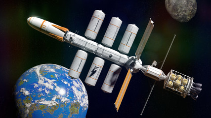 Canvas Print - spaceship in orbit of a habitable alien world