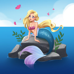 Cute mermaid with blonde hair and blue tail sitting on stone. Hand drawn cartoon illustration. Isolated on white.