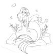 Cute mermaid sitting on stone. Hand drawn cartoon illustration. Isolated on white.