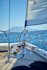 Wall Mural - View of a sailing ship front deck and open sea.