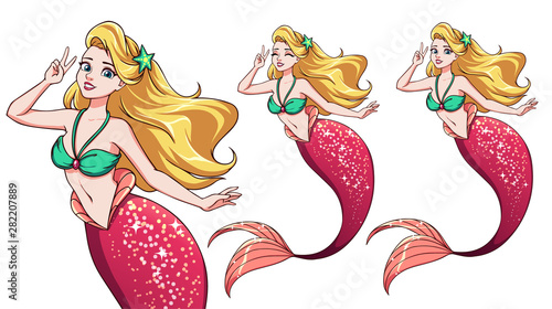 Pretty Cartoon Mermaid Using A V Sign Blonde Hair And Shiny Pink