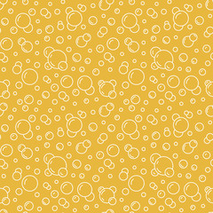 Wall Mural - Bubbles vector seamless pattern with flat line icons. Yellow white color beer texture. Fizzy water background, abstract soda wallpaper