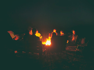 Wall Mural - The group of friends are sitting near the bonfire in the night and talking about something