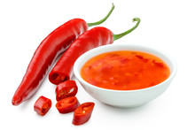 Sweet Chilli Sauce In A White Ceramic Bowl Next To One Whole And One Cut Red Chilli Isolated On White.