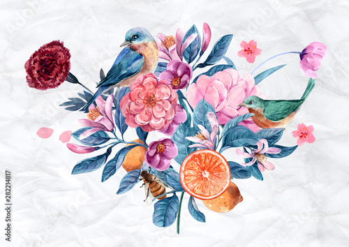 floral illustration, Leaf and buds. Botanic composition for wedding or greeti...