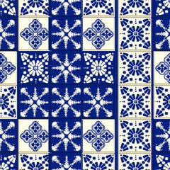 Vector tile pattern, Lisbon floral mosaic, Mediterranean seamless navy blue ornament