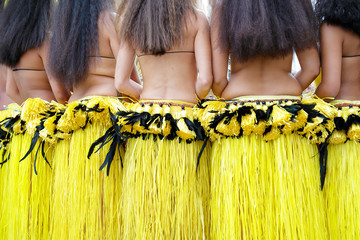 Wall Mural - Rear view of several dancers wearing the traditional folk costume from Tahiti, French Polynesia