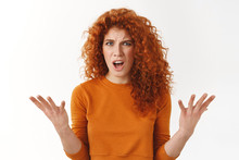 Angry Outraged Attractive, Stylish Redhead Woman Raising Hands In Dismay, Complaining Stare Frustrated And Furious, Bothered Bad Service, Shouting At Manager, Stand White Background Disappointed