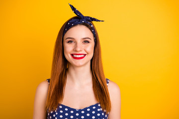 Wall Mural - Close up photo of beautiful foxy lady red lipstick wear casual dotted tank-top headband isolated vivid yellow background