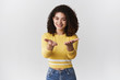 © Cookie Studio - From my heart you. Girl appreciate your effort giving love care boyfriend showing own feelings pointing stretched palms camera talking about someone smiling grateful white background