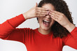 © Cookie Studio - Girl enjoy receive surprises. Attractive carefree young lively smiling woman have fun close eyes cover palm waiting gift anticipating unwilling see not watching friend arrenging b-day party