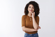 © Cookie Studio - Successful empowered girl femenist smiling delighted touch face-line jaw grinning listen good idea working team office new company concept discuss suggestions standing assured satisfied
