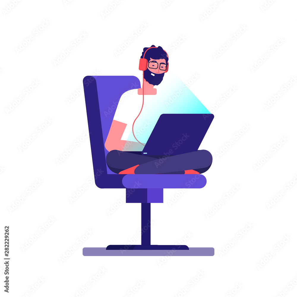 Young freelancer programmer coding with laptop. Vector geek character isolated on white background. Illustration of programmer coding, freelancer professional - obrazy, fototapety, plakaty 