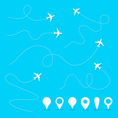 Wall Mural - Vector plane line path. Airplane directional pathway, fly direction and pins vector symbols. Illustration of airline flight route, navigation directional