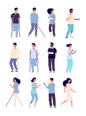 Disabled people. handicapped persons with crutches and wheelchair Isolated vector characters for disabilities concepts. Illustration of character disabled invalid, disability and healthcare