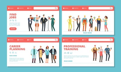 Sticker - Career landing pages. Find jobs, career planning banners temlpate. Different professions vector characters. Illustration of search work, seek futur and planning career