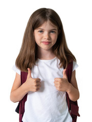 сute smiling school girl with school bag showing thumbs up, back to school and September 1 concept, isolated on white