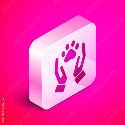 Isometric Hands With Animals Footprint Icon Isolated On Pink