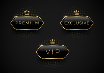 Wall Mural - Vip, Premium and Exclusive black glass labels with golden crown and frame on a black background. Premium design. Luxury template design. Vector illustration.