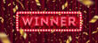 Neon light winner retro signboard and golden foil confetti against a red curtain background. Vector illustration.