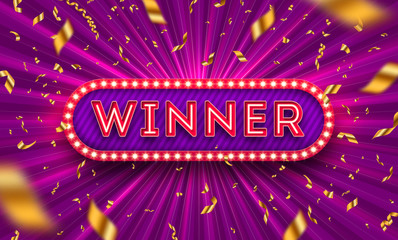 neon light winner retro signboard and golden foil confetti against a light burst background. vector 
