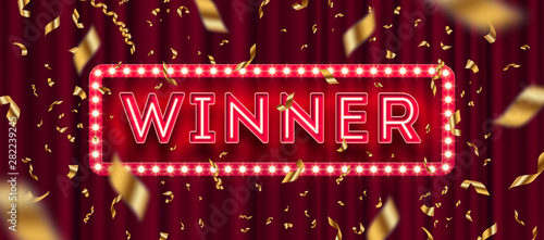 Fotografía Neon light winner retro signboard and golden foil confetti against a red curtain background