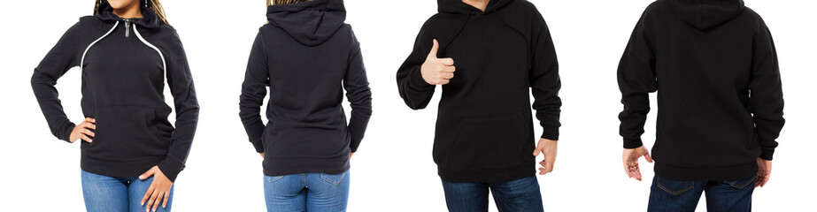 Sticker - female and male hoodie mock up isolated - hood set front and back view, girl and man in empty black pullover