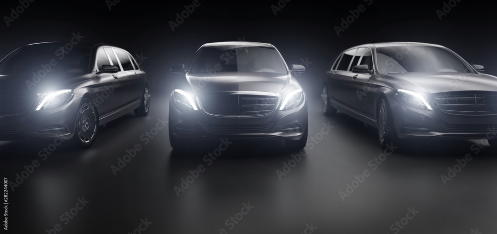 Luxurious cars, limousines in garage with lights turned on. - obrazy, fototapety, plakaty 