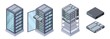 © MicroOne - Isometric servers, data storages vector. 3D computer equipment isolated on white background. Storage database, equipment server network, big data safe illustration