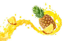 Fresh Ripe Pineapple, Slice And Pineapple Juice 3D Splash Wave. Healthy Food Or Tropical Fruit Drink Liquid Ad Label Design. Tasty Pineapple Juice Or Smoothie Splash Isolated, Vitamin Cocktail Concept