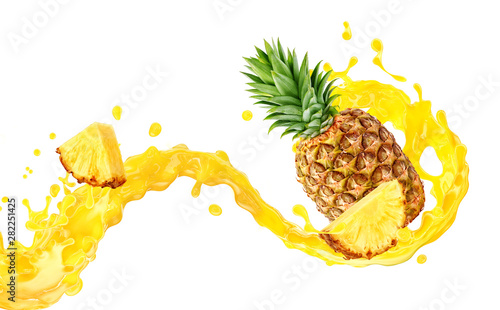 Plakat Ananas  swiezy-dojrzaly-ananas-plasterek-i-sok-ananasowy-3d-splash-wave-zdrowa-zywnosc-lub-owoce-tropikalne