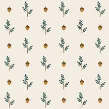 Seamless Pattern Of Twigs And Acorns.