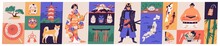 Bundle Of Traditional Symbols Of Japan - Pagoda, Geisha In Kimono, Koi Fish, Wagasa Umbrella, Bonsai Tree, Mount Fuji, Maneki-neko. Set Of Japanese Design Elements. Flat Cartoon Vector Illustration.