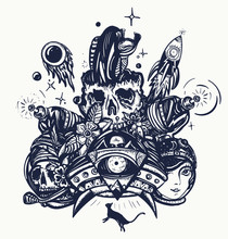 Space Adventure. Retro Futuristic Cartoon.  Sci-Fi Tattoo Old School Style. Dead Spaceman, Girl Astronaut, Gun Blaster, UFO, Space Monster And Rocket. Game Art Print For T-shirt Design