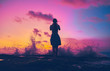 girl silhouette on sunset background