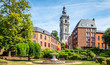 Mons, Wallonia, Belgium. Panoramic landscape view with belfry tower in city centre.