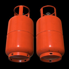 Gas cylinder lpg tank gas-bottle. Propane gas-cylinder balloon. Cylindrical container with liquefied compressed gases with high pressure and valves 3d render on black background